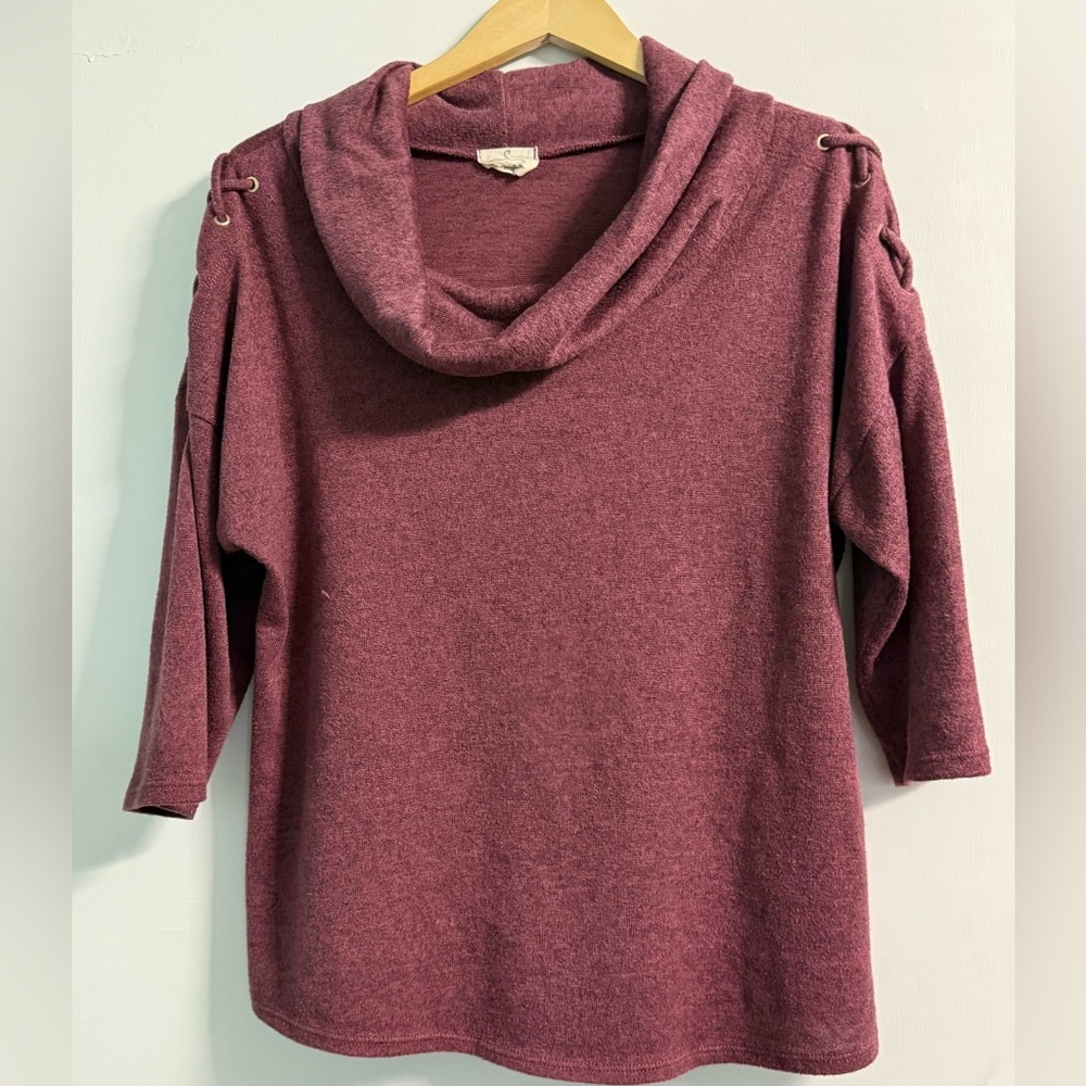 Lace Up Shoulder Cowl Neck Sweater XL Mauve Knit Lightweight